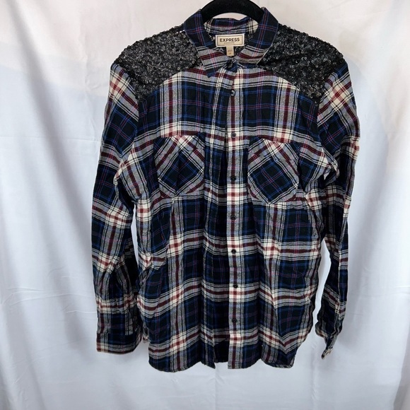 Express Shirt Western Boyfriend Flannel Plaid Sequin Button Down Long Sleeve Top - Picture 2 of 14